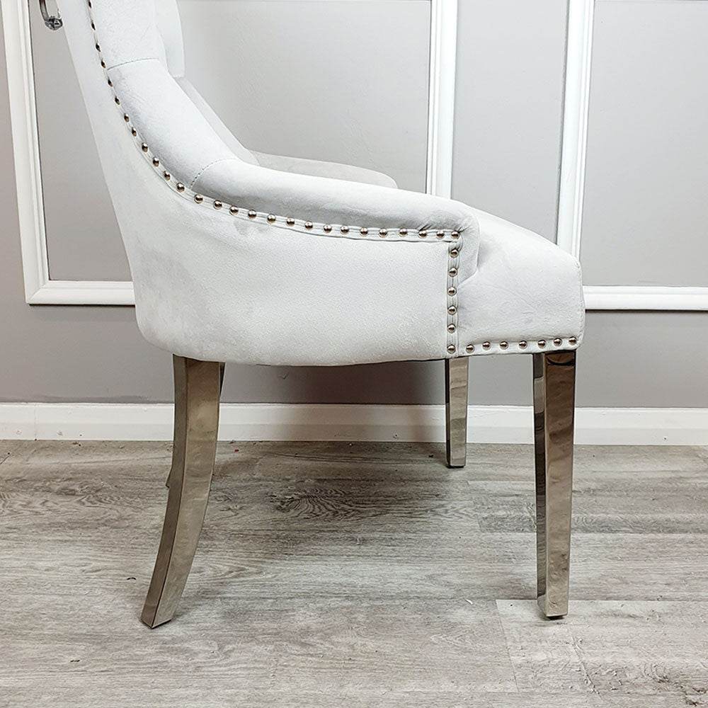 Megan Dining Chair with Lion Knocker - Plain Back Design, Leather & Velvet Options, Chrome Legs - UK Luxury Furniture