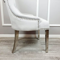 Megan Dining Chair with Lion Knocker - Plain Back Design, Leather & Velvet Options, Chrome Legs - UK Luxury Furniture