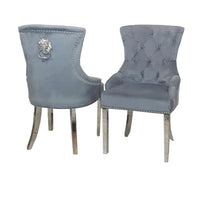 Megan Dining Chair with Lion Knocker - Plain Back Design, Leather & Velvet Options, Chrome Legs - UK Luxury Furniture