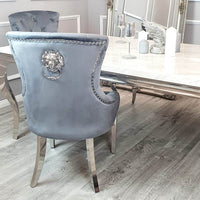 Megan Dining Chair with Lion Knocker - Plain Back Design, Leather & Velvet Options, Chrome Legs - UK Luxury Furniture