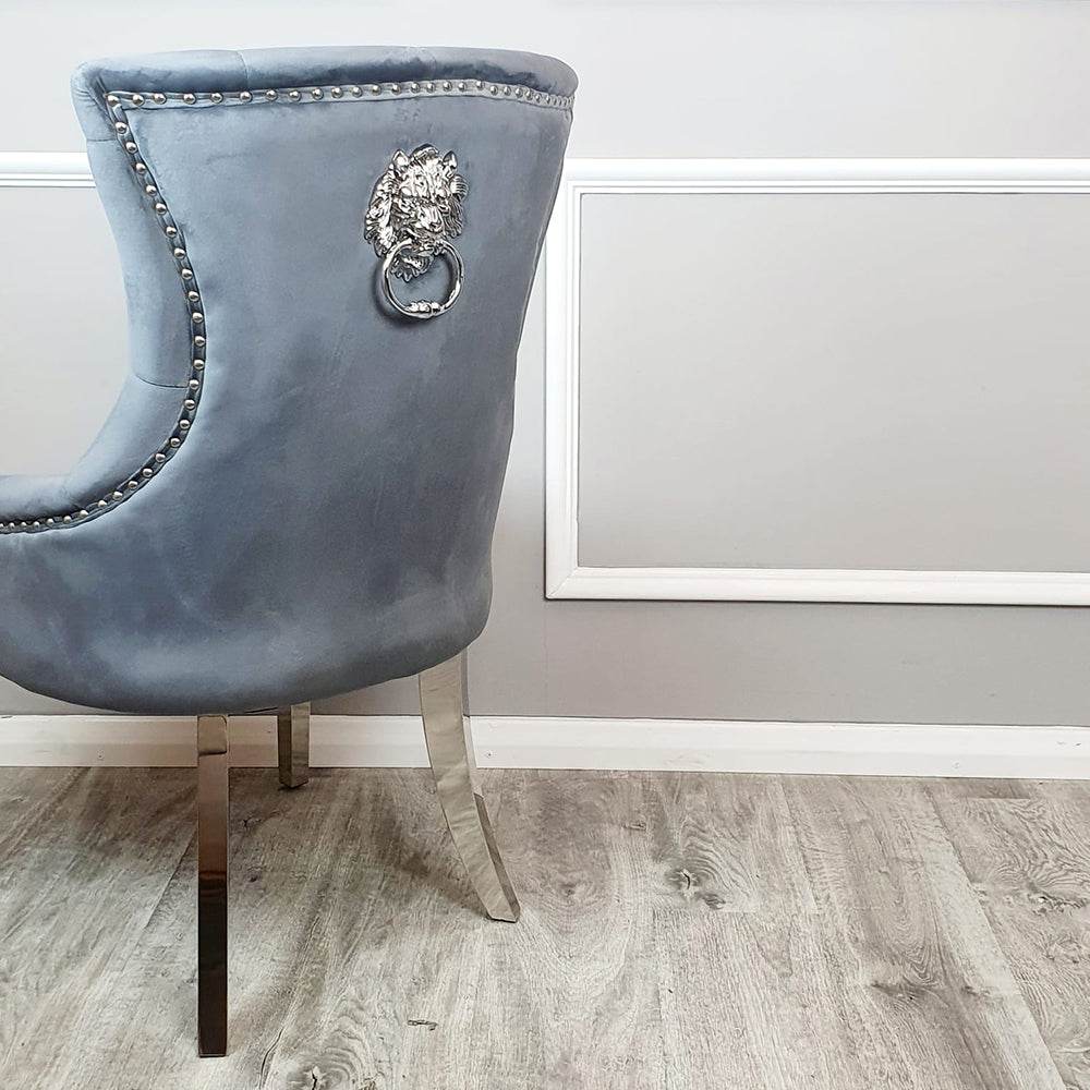 Megan Dining Chair with Lion Knocker - Plain Back Design, Leather & Velvet Options, Chrome Legs - UK Luxury Furniture