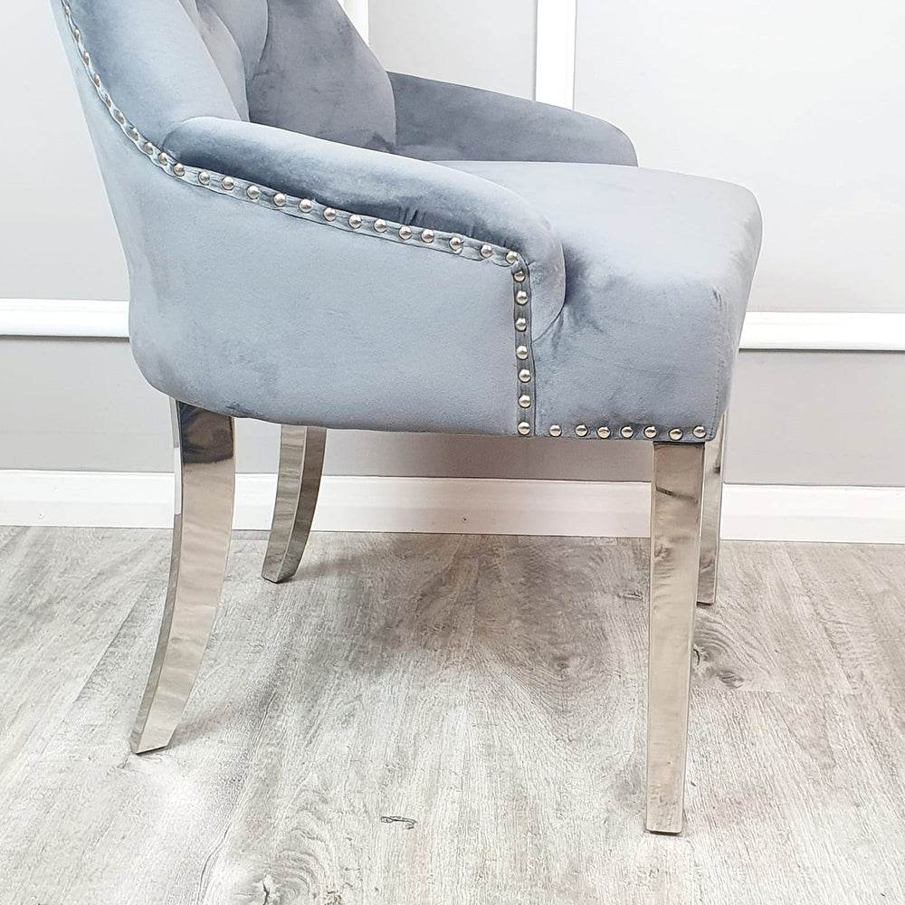 Megan Dining Chair with Lion Knocker - Plain Back Design, Leather & Velvet Options, Chrome Legs - UK Luxury Furniture