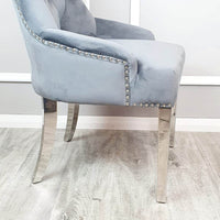 Megan Dining Chair with Lion Knocker - Plain Back Design, Leather & Velvet Options, Chrome Legs - UK Luxury Furniture