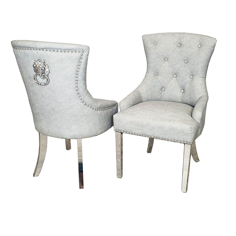 Megan Dining Chair with Lion Knocker - Plain Back Design, Leather & Velvet Options, Chrome Legs - UK Luxury Furniture