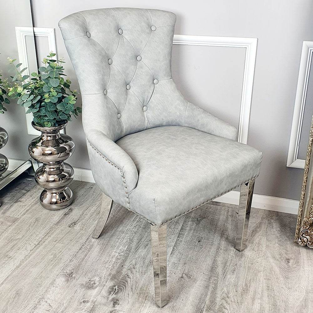 Megan Dining Chair with Lion Knocker - Plain Back Design, Leather & Velvet Options, Chrome Legs - UK Luxury Furniture