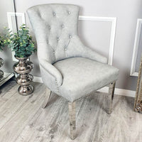 Megan Dining Chair with Lion Knocker - Plain Back Design, Leather & Velvet Options, Chrome Legs - UK Luxury Furniture
