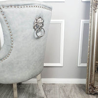 Megan Dining Chair with Lion Knocker - Plain Back Design, Leather & Velvet Options, Chrome Legs - UK Luxury Furniture