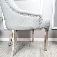 Megan Dining Chair with Lion Knocker - Plain Back Design, Leather & Velvet Options, Chrome Legs - UK Luxury Furniture