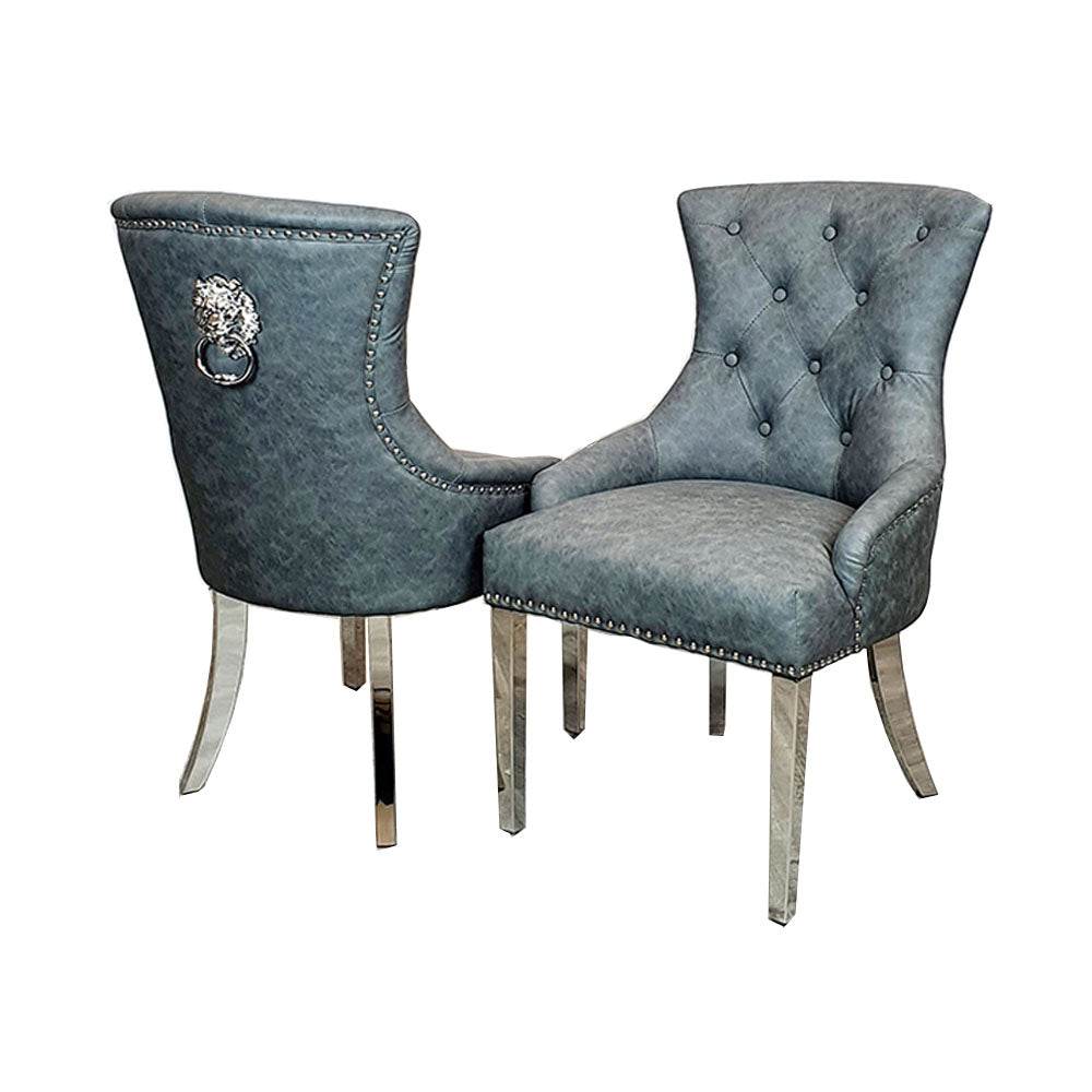 Megan Dining Chair with Lion Knocker - Plain Back Design, Leather & Velvet Options, Chrome Legs - UK Luxury Furniture