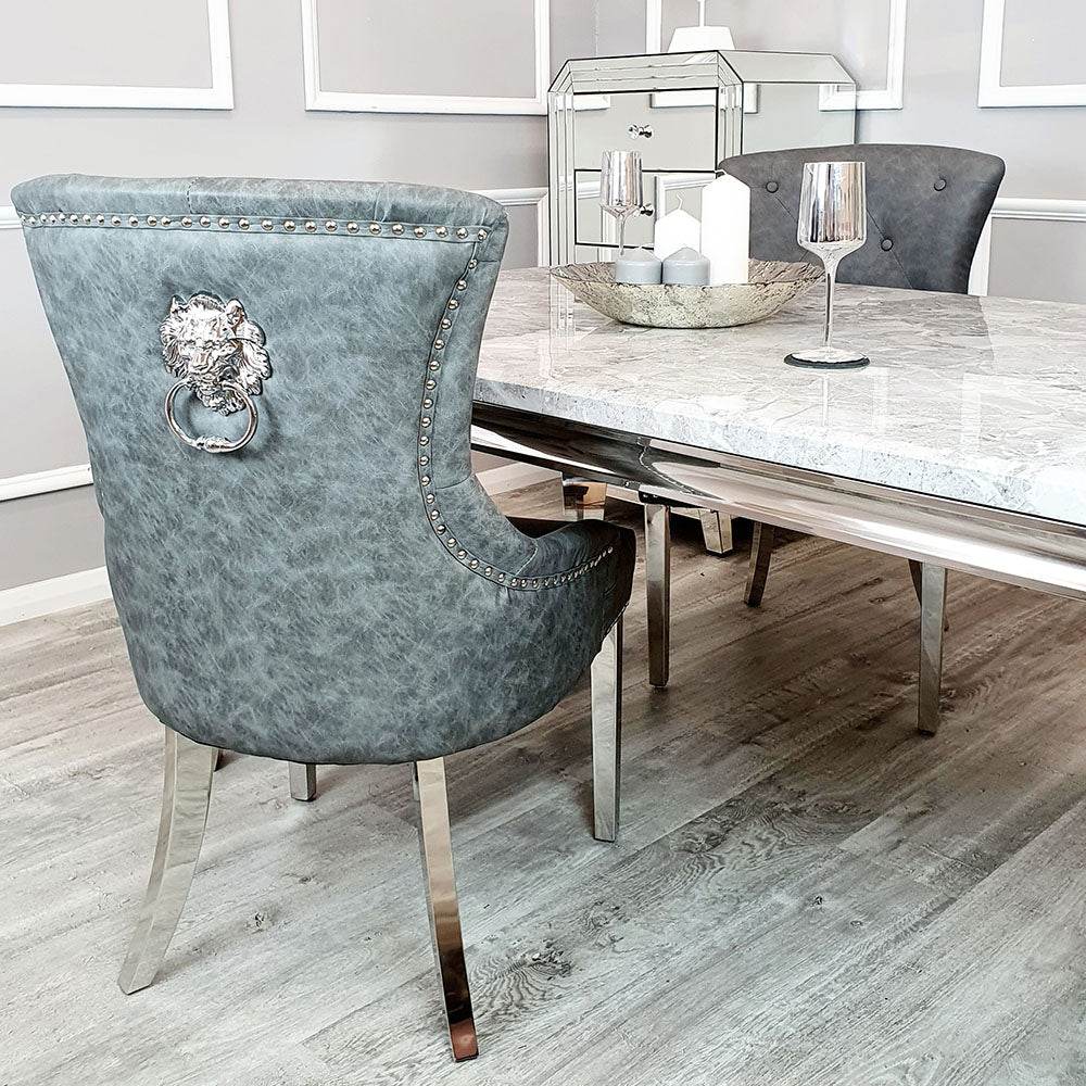 Megan Dining Chair with Lion Knocker - Plain Back Design, Leather & Velvet Options, Chrome Legs - UK Luxury Furniture
