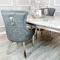 Megan Dining Chair with Lion Knocker - Plain Back Design, Leather & Velvet Options, Chrome Legs - UK Luxury Furniture
