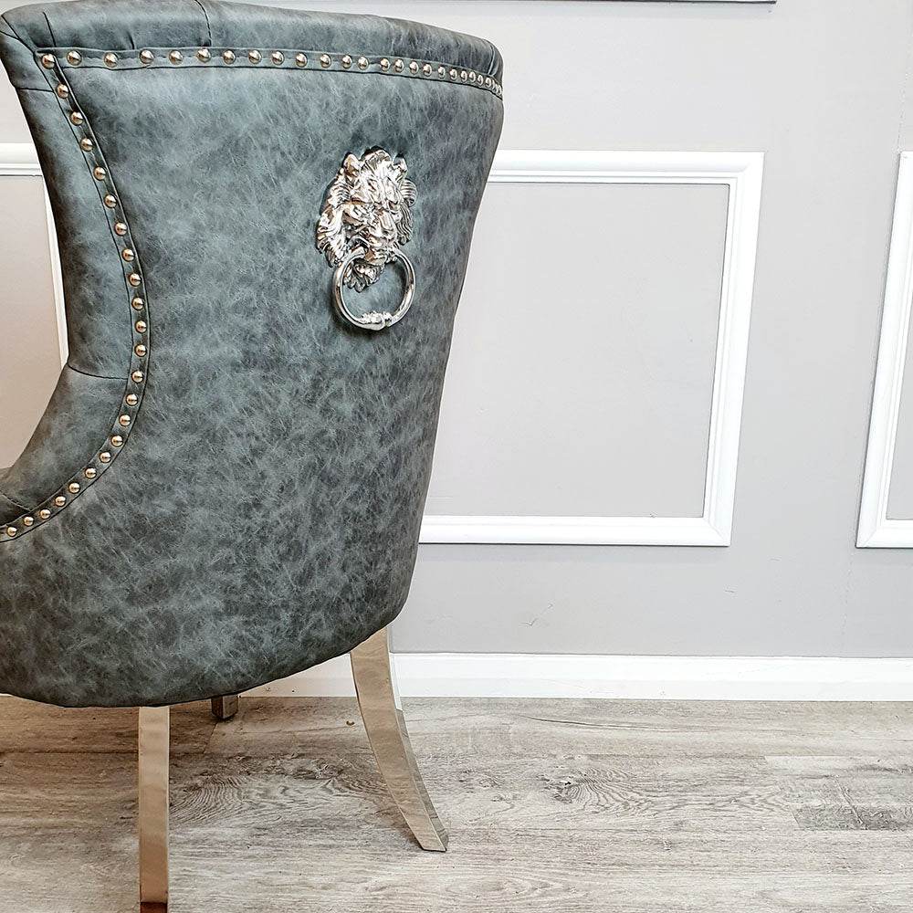 Megan Dining Chair with Lion Knocker - Plain Back Design, Leather & Velvet Options, Chrome Legs - UK Luxury Furniture