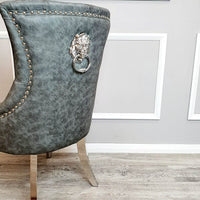 Megan Dining Chair with Lion Knocker - Plain Back Design, Leather & Velvet Options, Chrome Legs - UK Luxury Furniture