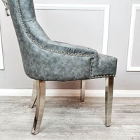 Megan Dining Chair with Lion Knocker - Plain Back Design, Leather & Velvet Options, Chrome Legs - UK Luxury Furniture