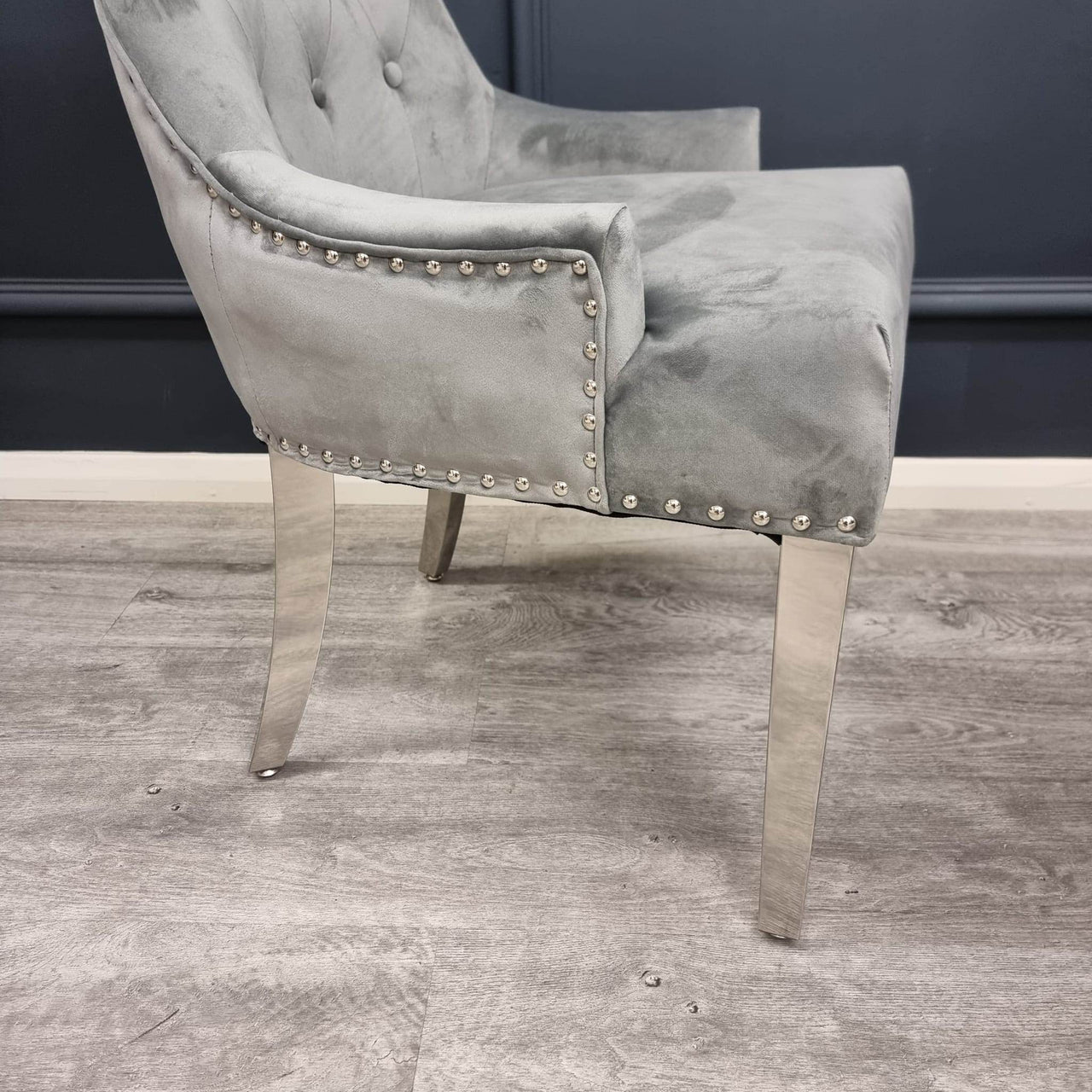 Megan Luxury Velvet Promo Chair - Stylish Chrome Ring Knocker, Available in 4 Elegant Colours - UK Luxury Furniture