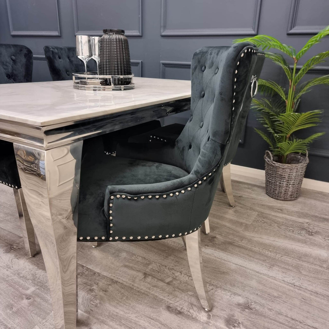 Megan Luxury Velvet Promo Chair - Stylish Chrome Ring Knocker, Available in 4 Elegant Colours - UK Luxury Furniture