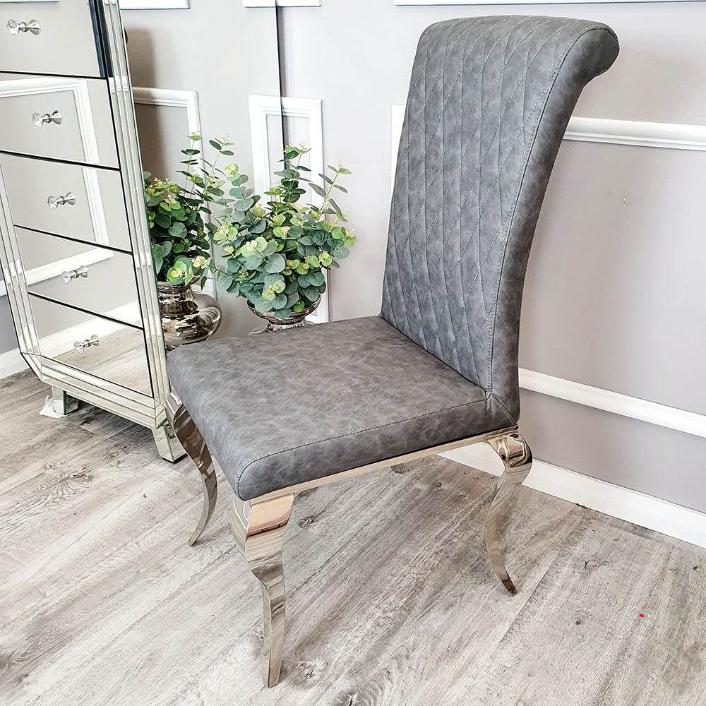 Nicole Luxury Dining Chair - High Scroll Back, Chrome Legs, Leather & Velvet Options - UK Luxury Furniture