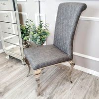 Nicole Luxury Dining Chair - High Scroll Back, Chrome Legs, Leather & Velvet Options - UK Luxury Furniture