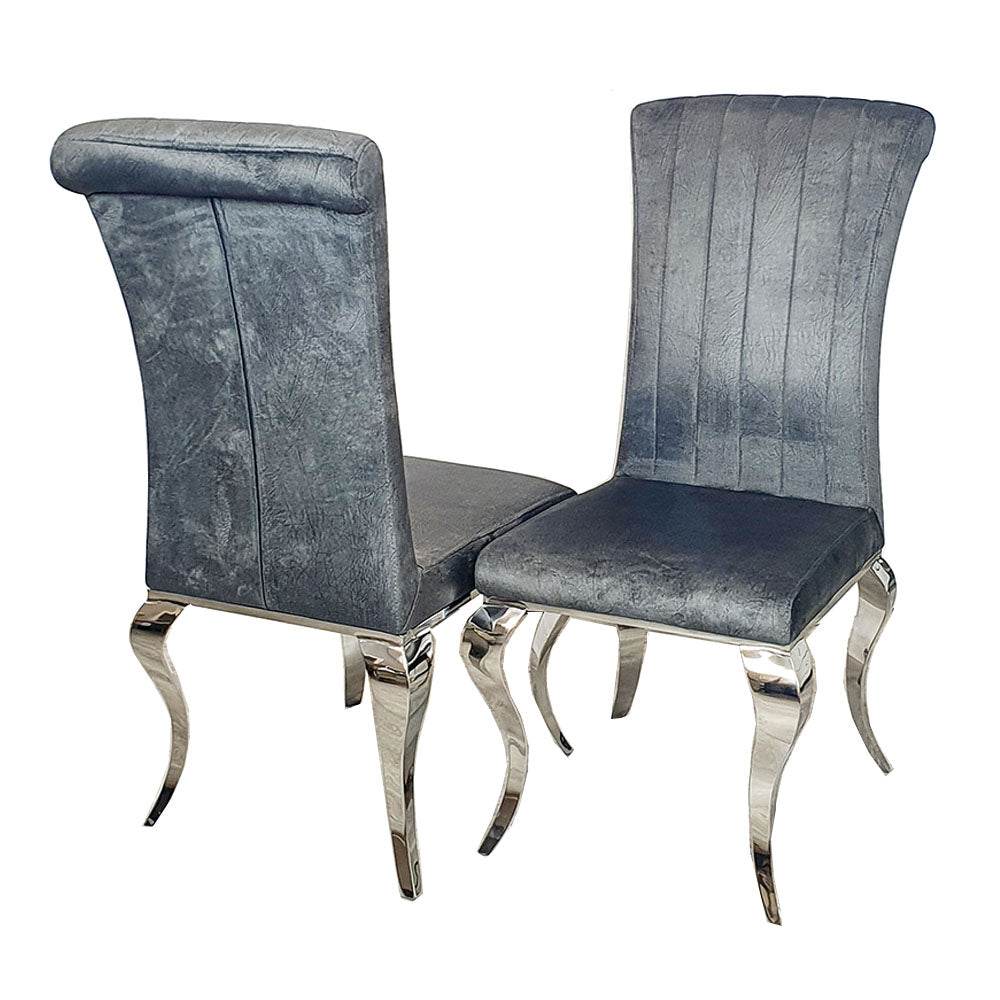 Nicole Luxury Dining Chair - High Scroll Back, Chrome Legs, Leather & Velvet Options - UK Luxury Furniture