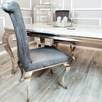 Nicole Luxury Dining Chair - High Scroll Back, Chrome Legs, Leather & Velvet Options - UK Luxury Furniture
