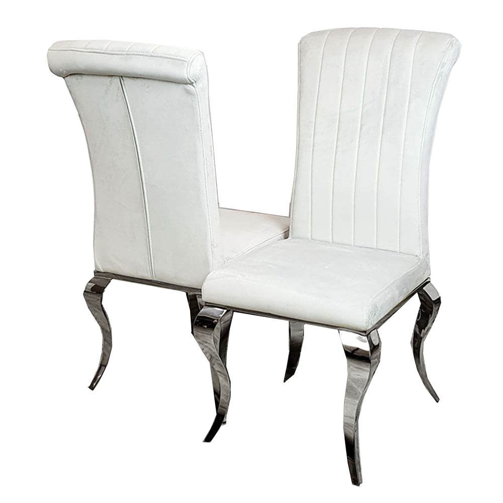Nicole Luxury Dining Chair - High Scroll Back, Chrome Legs, Leather & Velvet Options - UK Luxury Furniture