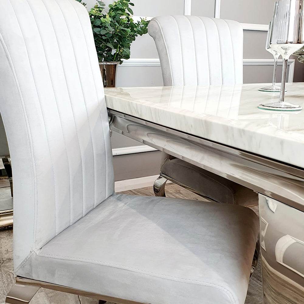 Nicole Luxury Dining Chair - High Scroll Back, Chrome Legs, Leather & Velvet Options - UK Luxury Furniture