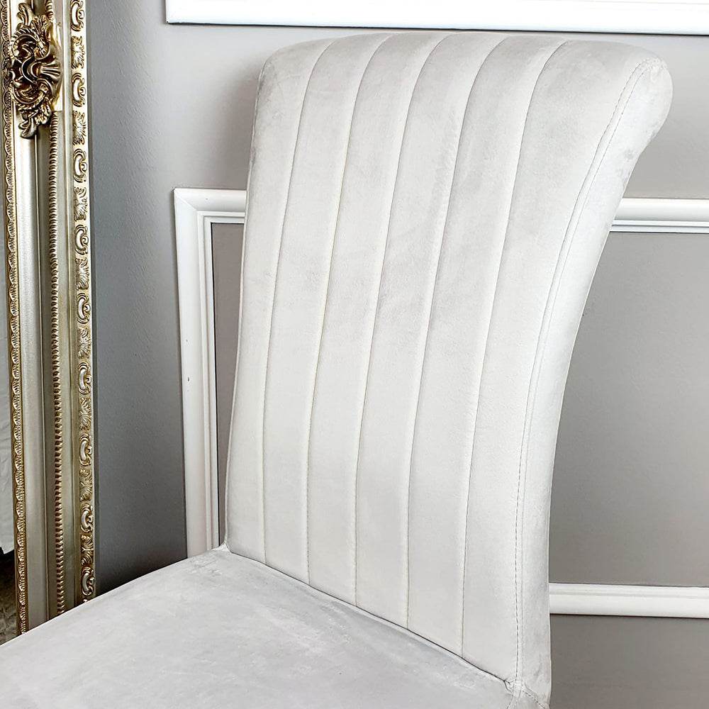 Nicole Luxury Dining Chair - High Scroll Back, Chrome Legs, Leather & Velvet Options - UK Luxury Furniture