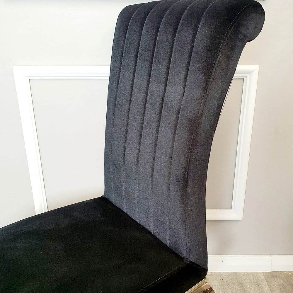 Nicole Luxury Dining Chair - High Scroll Back, Chrome Legs, Leather & Velvet Options - UK Luxury Furniture