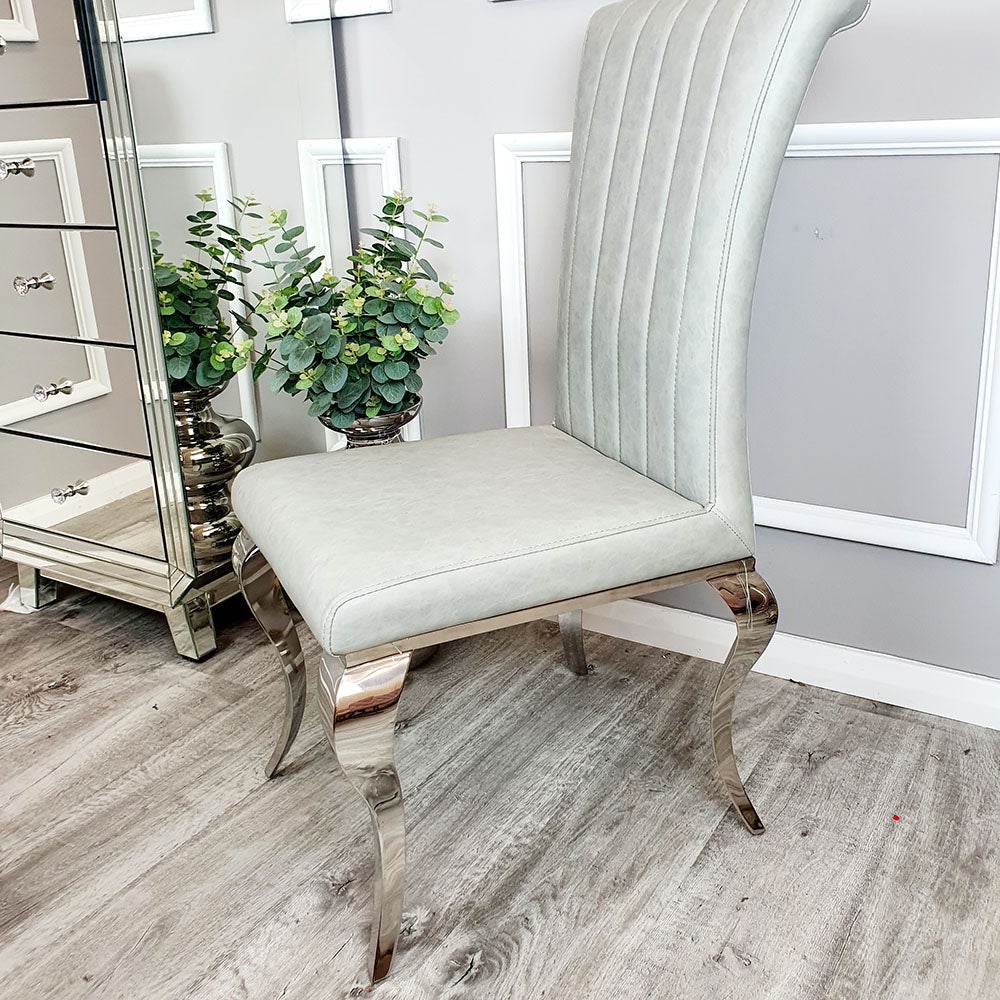 Nicole Luxury Dining Chair - High Scroll Back, Chrome Legs, Leather & Velvet Options - UK Luxury Furniture