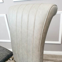 Nicole Luxury Dining Chair - High Scroll Back, Chrome Legs, Leather & Velvet Options - UK Luxury Furniture