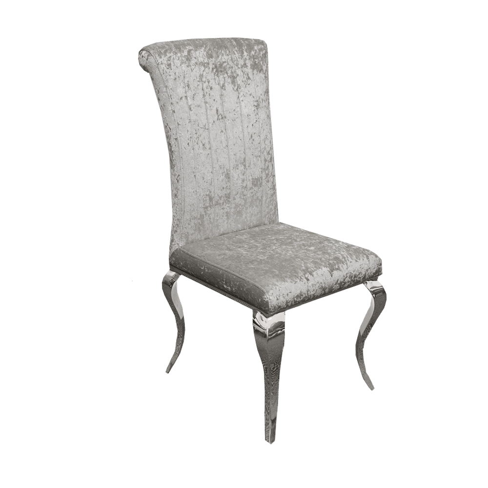 Nicole Luxury Dining Chair - High Scroll Back, Chrome Legs, Leather & Velvet Options - UK Luxury Furniture