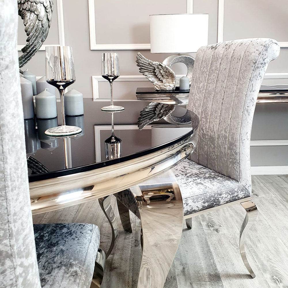 Nicole Luxury Dining Chair - High Scroll Back, Chrome Legs, Leather & Velvet Options - UK Luxury Furniture