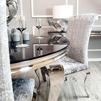 Nicole Luxury Dining Chair - High Scroll Back, Chrome Legs, Leather & Velvet Options - UK Luxury Furniture
