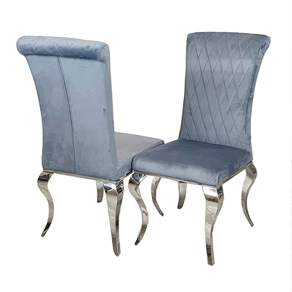 Nicole Luxury Dining Chair - High Scroll Back, Chrome Legs, Leather & Velvet Options - UK Luxury Furniture