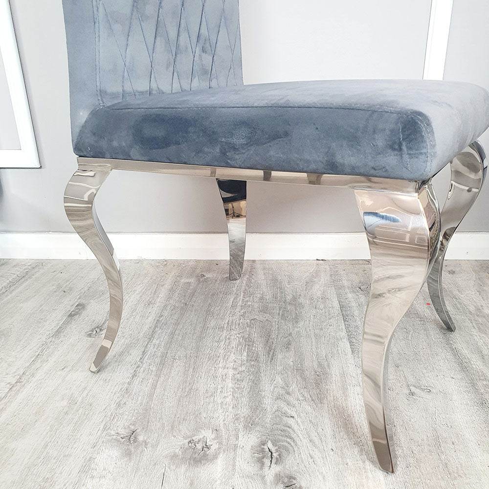 Nicole Luxury Dining Chair - High Scroll Back, Chrome Legs, Leather & Velvet Options - UK Luxury Furniture