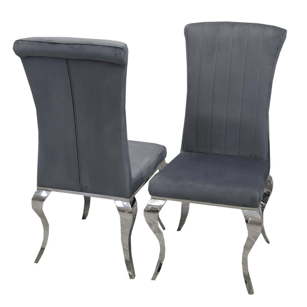 Nicole Luxury Dining Chair - High Scroll Back, Chrome Legs, Leather & Velvet Options - UK Luxury Furniture