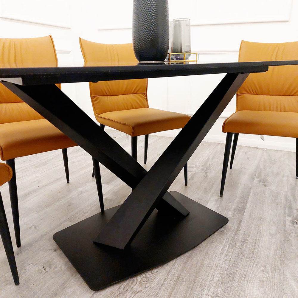 Apollo 1.6m Dining Table - Black Sintered Stone Top with Mustard Grain, Black Pedestal Base - UK Luxury Furniture