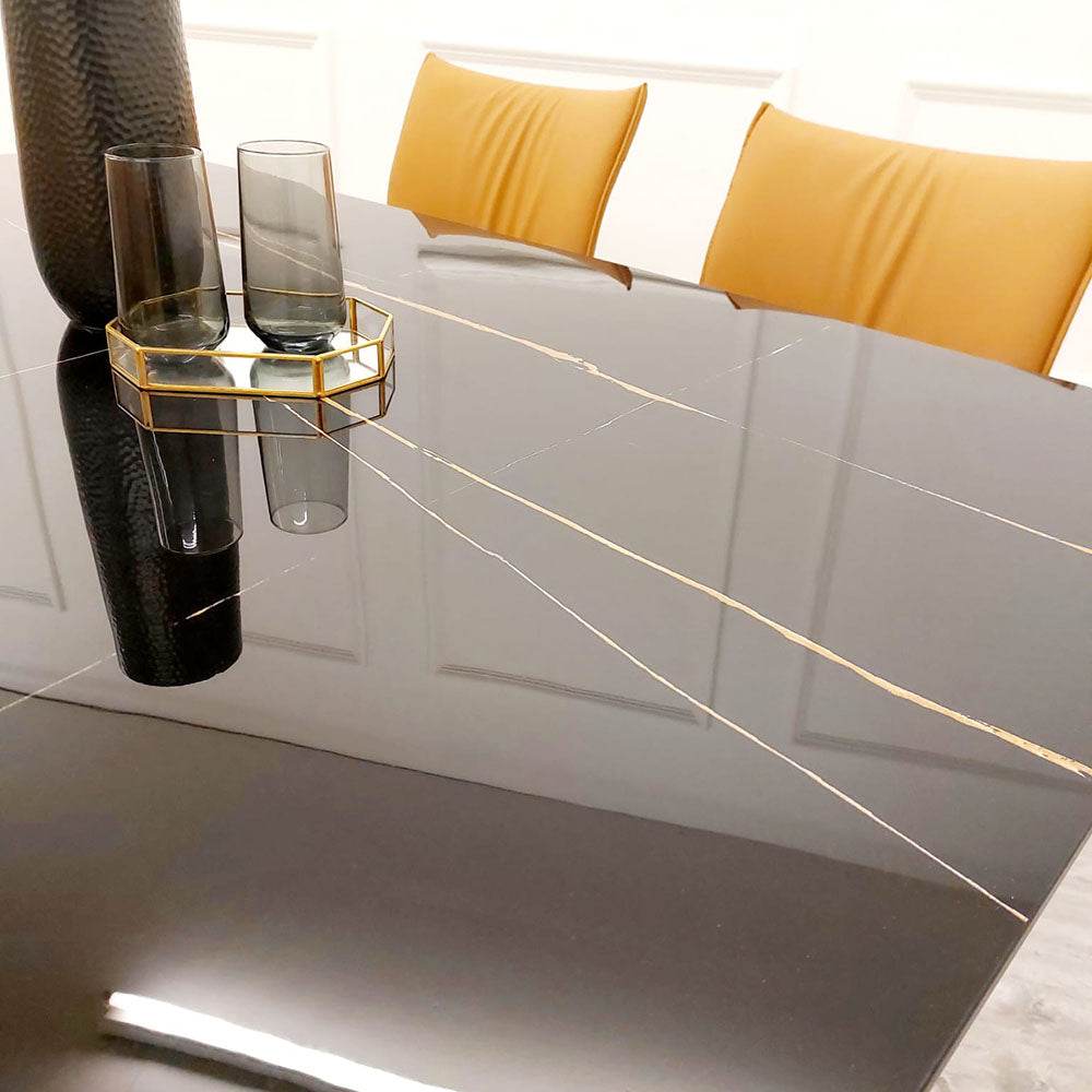 Apollo 1.6m Dining Table - Black Sintered Stone Top with Mustard Grain, Black Pedestal Base - UK Luxury Furniture