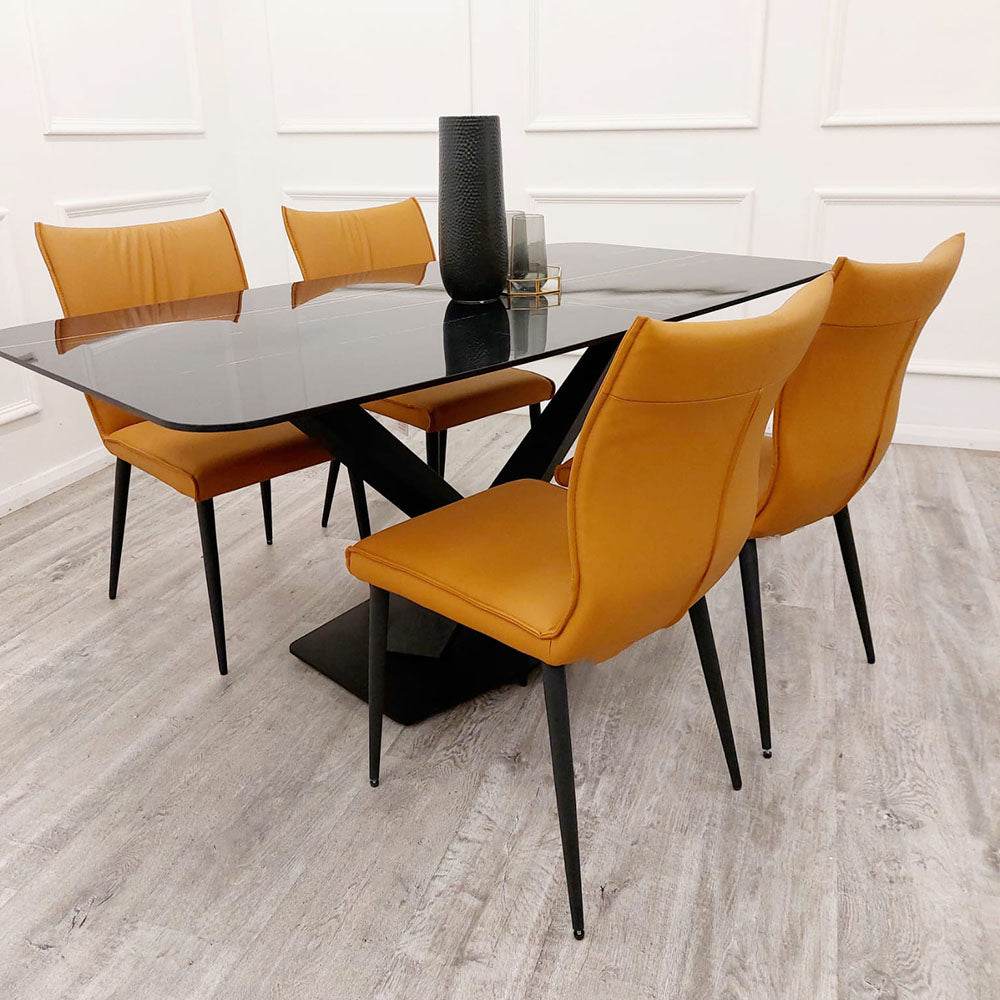 Apollo 1.6m Dining Table - Black Sintered Stone Top with Mustard Grain, Black Pedestal Base - UK Luxury Furniture
