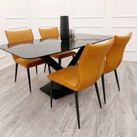 Apollo 1.6m Dining Table - Black Sintered Stone Top with Mustard Grain, Black Pedestal Base - UK Luxury Furniture