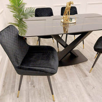 Apollo 1.6m Dining Table - Black Sintered Stone Top with Mustard Grain, Black Pedestal Base - UK Luxury Furniture
