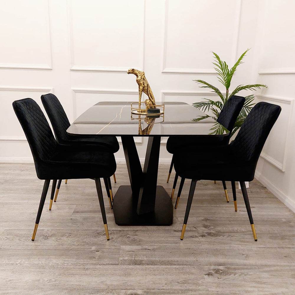 Apollo 1.6m Dining Table - Black Sintered Stone Top with Mustard Grain, Black Pedestal Base - UK Luxury Furniture