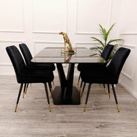 Apollo 1.6m Dining Table - Black Sintered Stone Top with Mustard Grain, Black Pedestal Base - UK Luxury Furniture