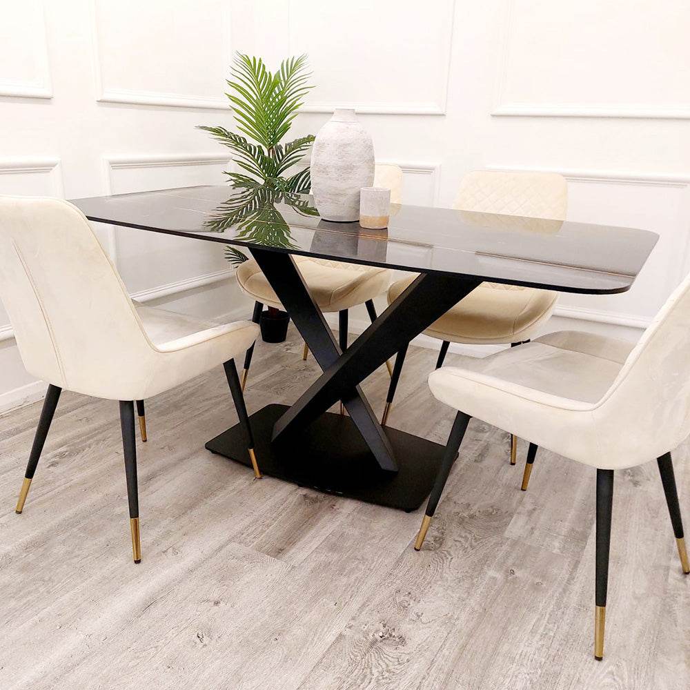 Apollo 1.6m Dining Table - Black Sintered Stone Top with Mustard Grain, Black Pedestal Base - UK Luxury Furniture