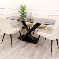 Apollo 1.6m Dining Table - Black Sintered Stone Top with Mustard Grain, Black Pedestal Base - UK Luxury Furniture