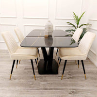 Apollo 1.6m Dining Table - Black Sintered Stone Top with Mustard Grain, Black Pedestal Base - UK Luxury Furniture