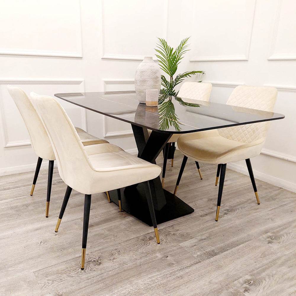 Apollo 1.6m Dining Table - Black Sintered Stone Top with Mustard Grain, Black Pedestal Base - UK Luxury Furniture