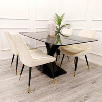 Apollo 1.6m Dining Table - Black Sintered Stone Top with Mustard Grain, Black Pedestal Base - UK Luxury Furniture