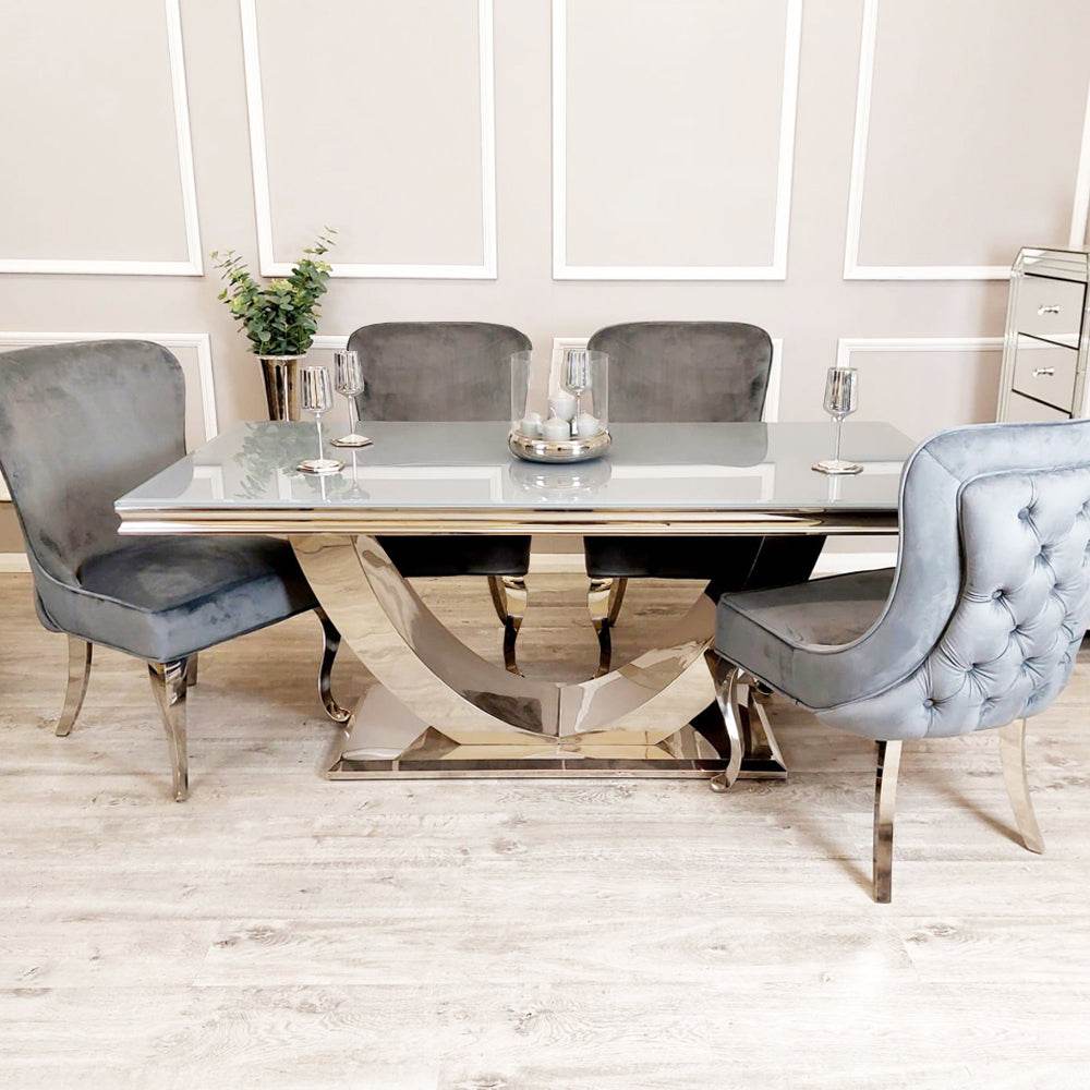 Arial Luxury Dining Table - Marble or Glass Top with Polished Stainless Steel Base - 1.6m, 1.8m, 2m Options - UK Luxury Furniture