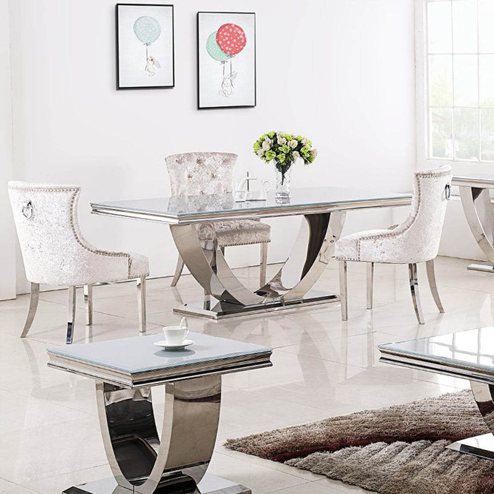 Arial Luxury Dining Table - Marble or Glass Top with Polished Stainless Steel Base - 1.6m, 1.8m, 2m Options - UK Luxury Furniture